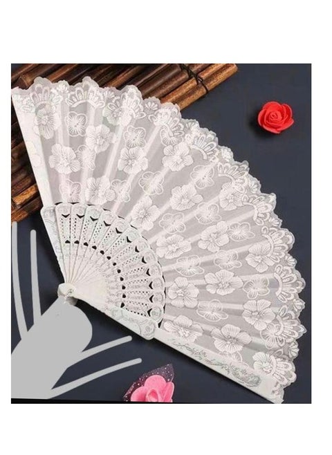 Folding Fan, Handheld Fan with Plastic Fabric Frame - White