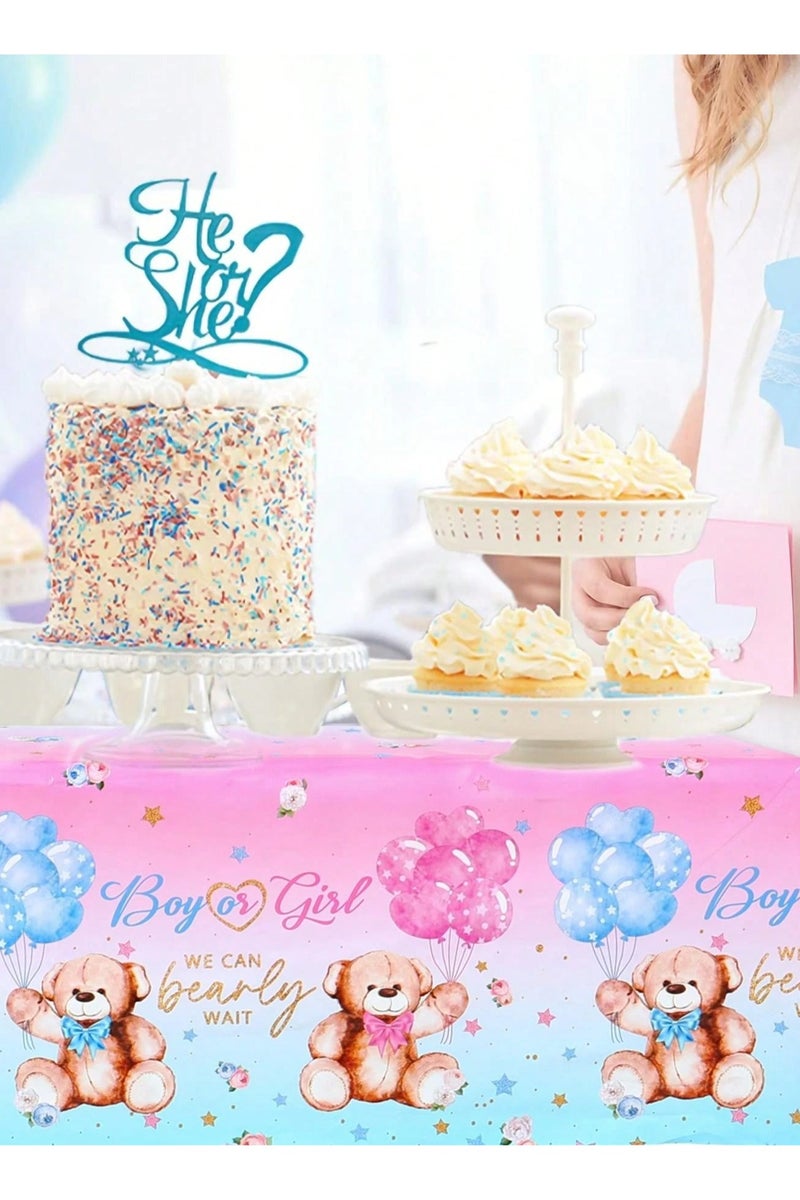Gender Reveal Party Tablecloth – Pink and Blue Design with Cute Teddy Bears, Adds a Special Touch to Your Gender Reveal Celebration – Size: 220×130 cm - Image 3