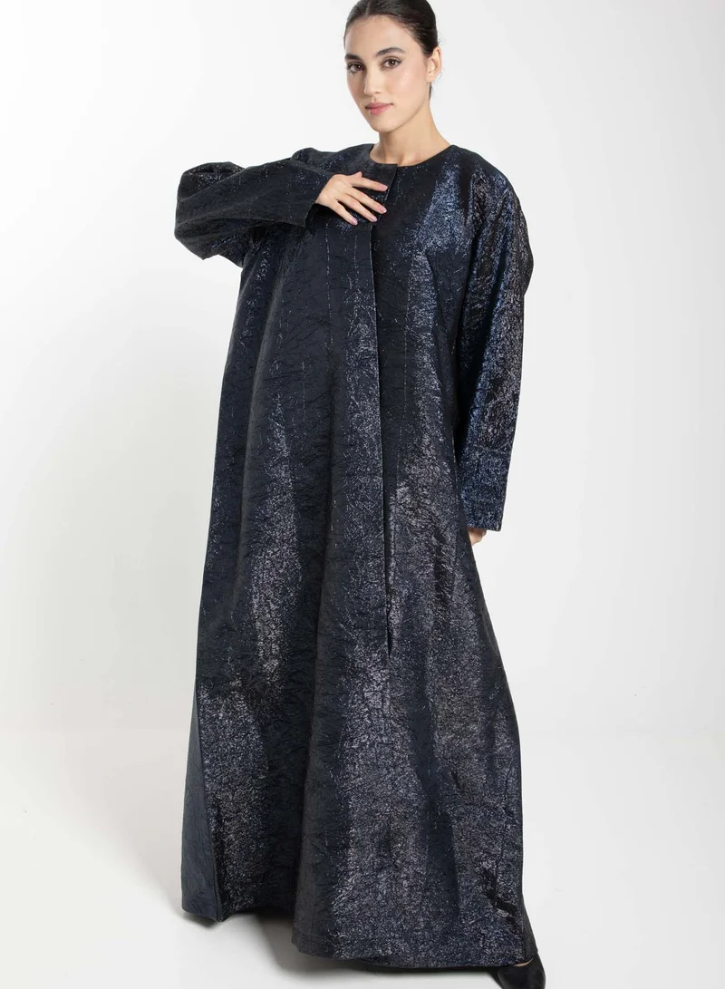 MSquare Fashion Front Open Black And Blue Shade Jacquard Abaya