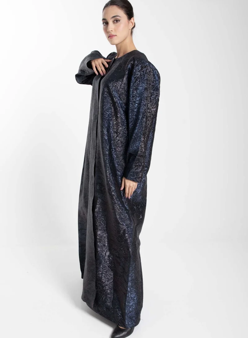 MSquare Fashion Front Open Black And Blue Shade Jacquard Abaya