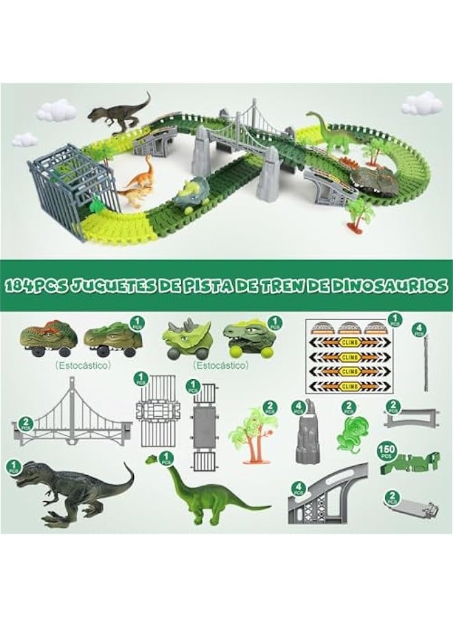 ألعاب الديناصورات للأطفال، ألعاب مسار سباق الديناصورات، 184 قطعة مسار سيارة ديناصور مرن، هدية للأولاد والبنات بعمر 3 سنوات فما فوق - Image 3