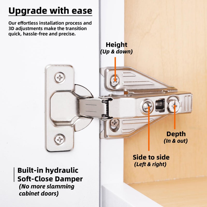 DecoBasics (50 PCS) Full Overlay Soft Close Cabinet Hinges for Kitchen Cabinets - 105Â° Face Frame Concealed Cabinet Door Hinge -3 Way Adjustability -Clip on Plate & Matching Screw 4 Easy Installation - Image 3