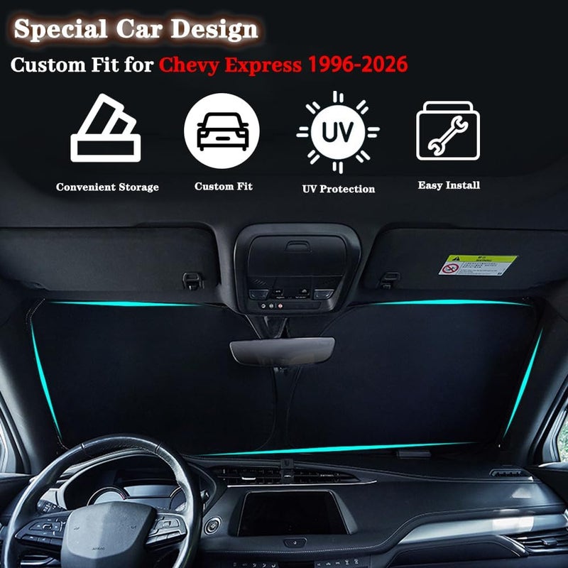 YOFAMO Car Front Windshield Sun Shade for Chevrolet Express 1996-2022 - Black - Image 3