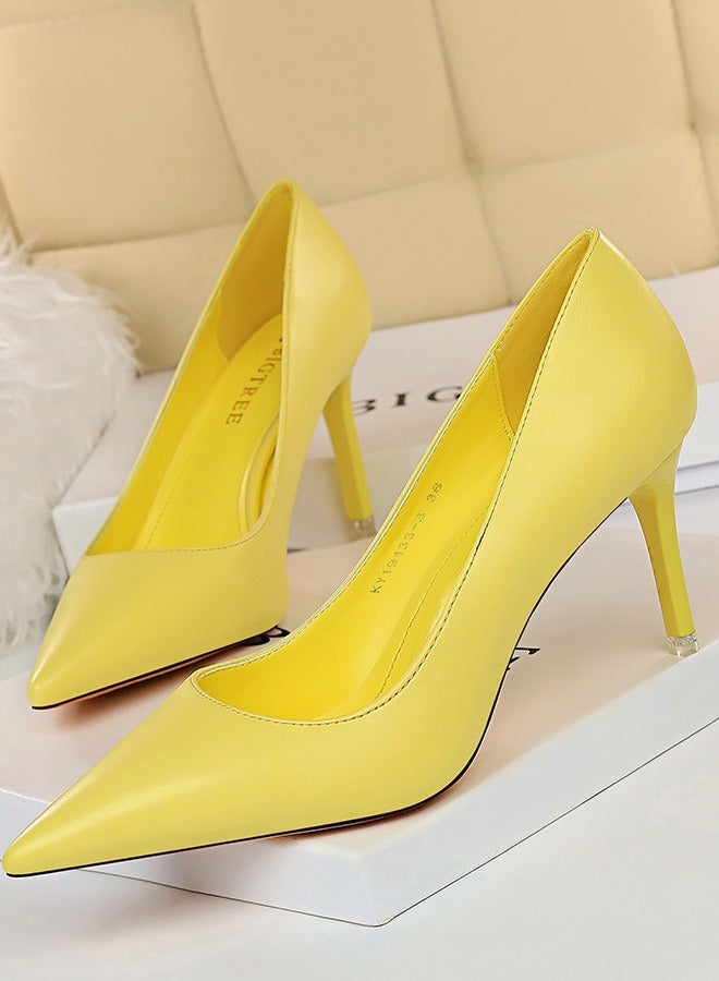 بيج تري Women's Comfortable Stiletto Pumps 7.5cm Elegant Gorgeous Closed Pointed Toe Slip On Solid High Heels Yellow