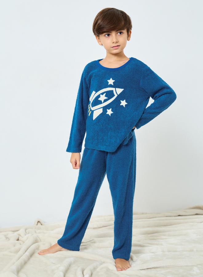 Styli Boys Star Space Applique Fleece Top and Pyjama Set - Image 1