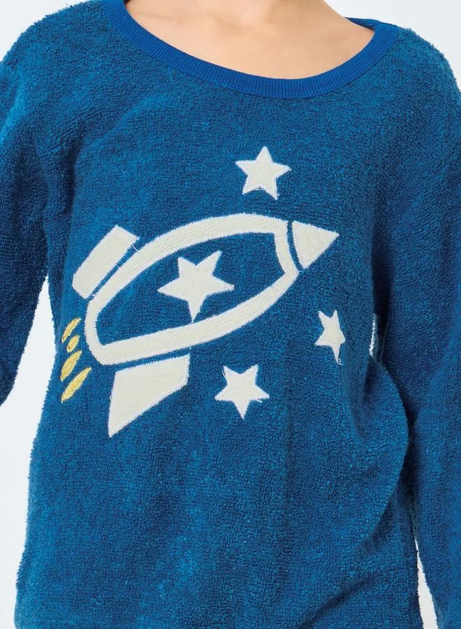 Styli Styli Boys Star Space Applique Fleece Top and Pyjama Set