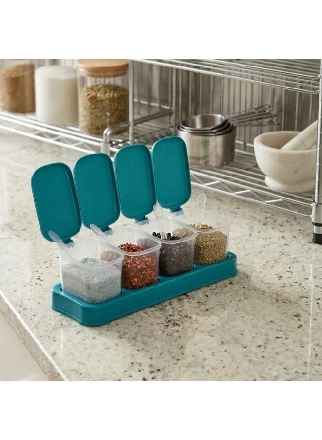 Hedge 4 Piece Seasoning Box Set with Serving Spoons Clear Flip Lids Non-Slip Tray Dust-Proof Storage Containers for Salt Sugar Pepper Spices and Dry Fruit - Image 1