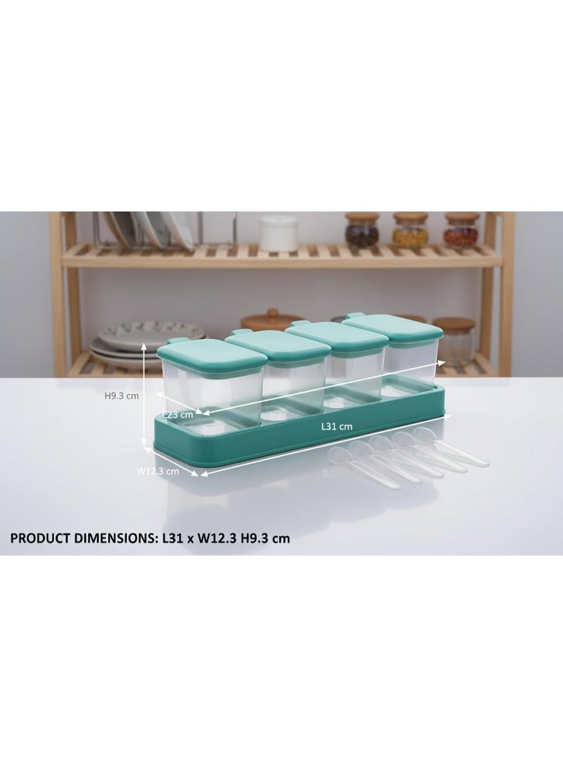 Hedge 4 Piece Seasoning Box Set with Serving Spoons Clear Flip Lids Non-Slip Tray Dust-Proof Storage Containers for Salt Sugar Pepper Spices and Dry Fruit - Image 2