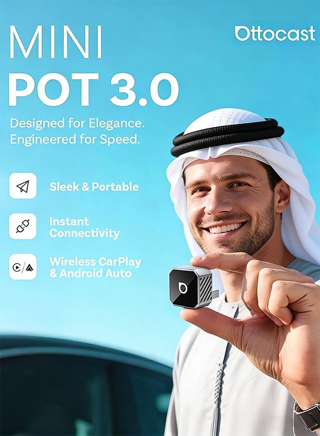 أوتوكاست محول Mini Pot 2026 اللاسلكي لـ CarPlay و Android Auto، إعادة اتصال تلقائية فائقة السرعة، محول 2 في 1 لتحويل Apple CarPlay السلكي إلى لاسلكي، يدعم WiFi 6 و Bluetooth 5.4، دونجل صغير سهل التركيب للسيارات المزودة بنظام CarPlay سلكي، تصميم ألومنيوم فاخر، متوافق مع أكثر من 98% من سيارات CarPlay السلكية الأصلية. - Image 2