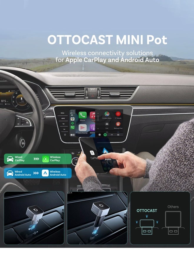 أوتوكاست محول Mini Pot 2026 اللاسلكي لـ CarPlay و Android Auto، إعادة اتصال تلقائية فائقة السرعة، محول 2 في 1 لتحويل Apple CarPlay السلكي إلى لاسلكي، يدعم WiFi 6 و Bluetooth 5.4، دونجل صغير سهل التركيب للسيارات المزودة بنظام CarPlay سلكي، تصميم ألومنيوم فاخر، متوافق مع أكثر من 98% من سيارات CarPlay السلكية الأصلية. - Image 3