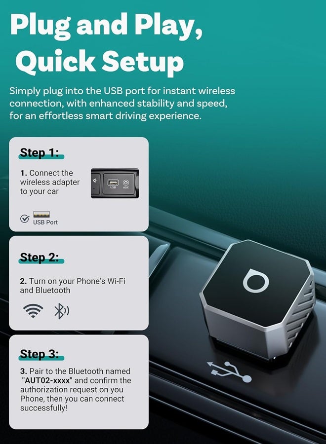 أوتوكاست محول Mini Pot 2026 اللاسلكي لـ CarPlay و Android Auto، إعادة اتصال تلقائية فائقة السرعة، محول 2 في 1 لتحويل Apple CarPlay السلكي إلى لاسلكي، يدعم WiFi 6 و Bluetooth 5.4، دونجل صغير سهل التركيب للسيارات المزودة بنظام CarPlay سلكي، تصميم ألومنيوم فاخر، متوافق مع أكثر من 98% من سيارات CarPlay السلكية الأصلية. - Image 4