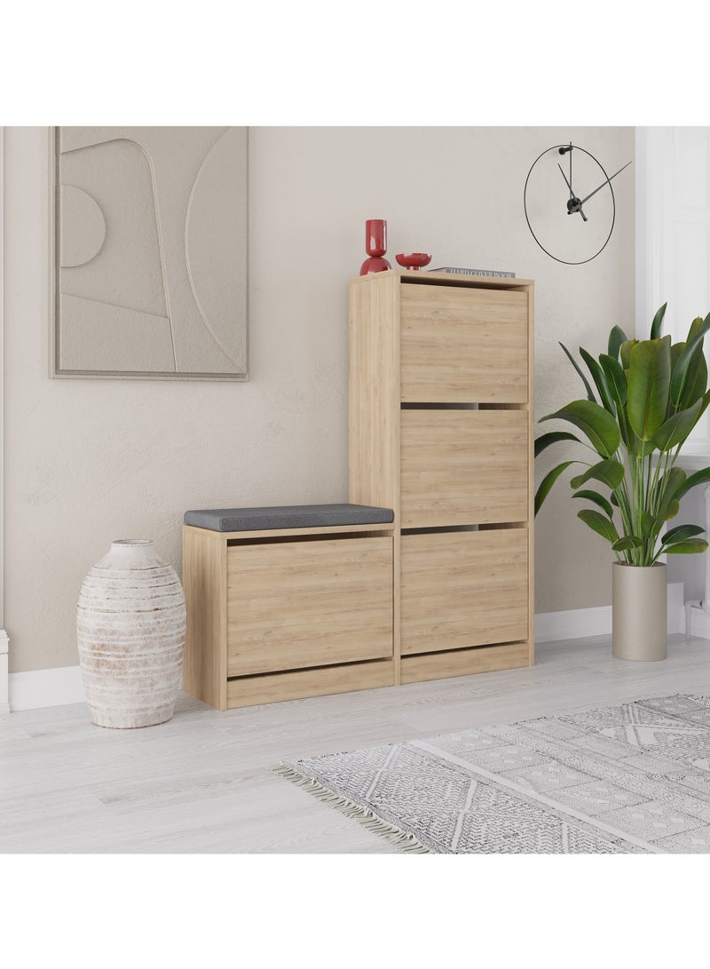 Mourah Dude Shoe Storage Cabinet with Cushioned Bench - Organizer with Flip-Down Drawers - Stores Up to 16 Pairs - Dual-Height Tower Design with Seating - 26x118.5x105 CM - Oak - Image 1