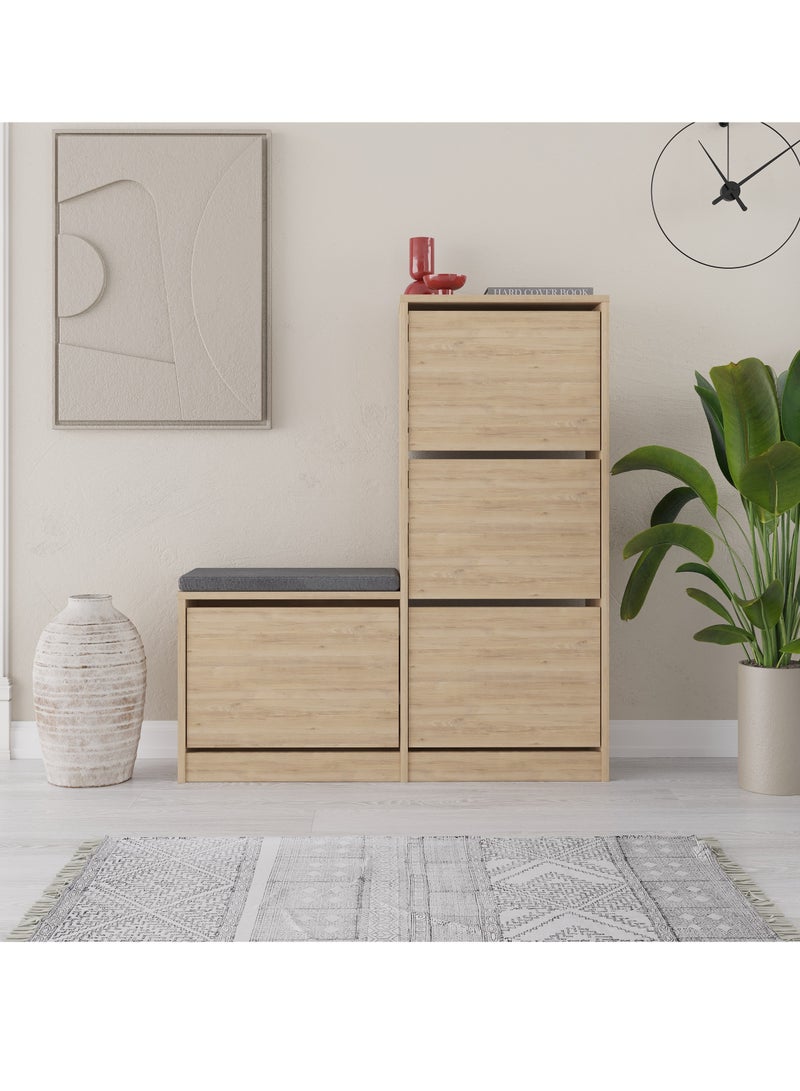 Mourah Dude Shoe Storage Cabinet with Cushioned Bench - Organizer with Flip-Down Drawers - Stores Up to 16 Pairs - Dual-Height Tower Design with Seating - 26x118.5x105 CM - Oak - Image 2