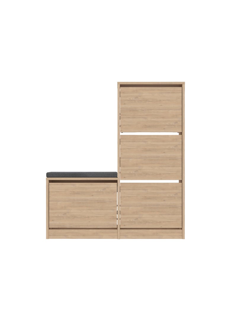 Mourah Dude Shoe Storage Cabinet with Cushioned Bench - Organizer with Flip-Down Drawers - Stores Up to 16 Pairs - Dual-Height Tower Design with Seating - 26x118.5x105 CM - Oak - Image 3
