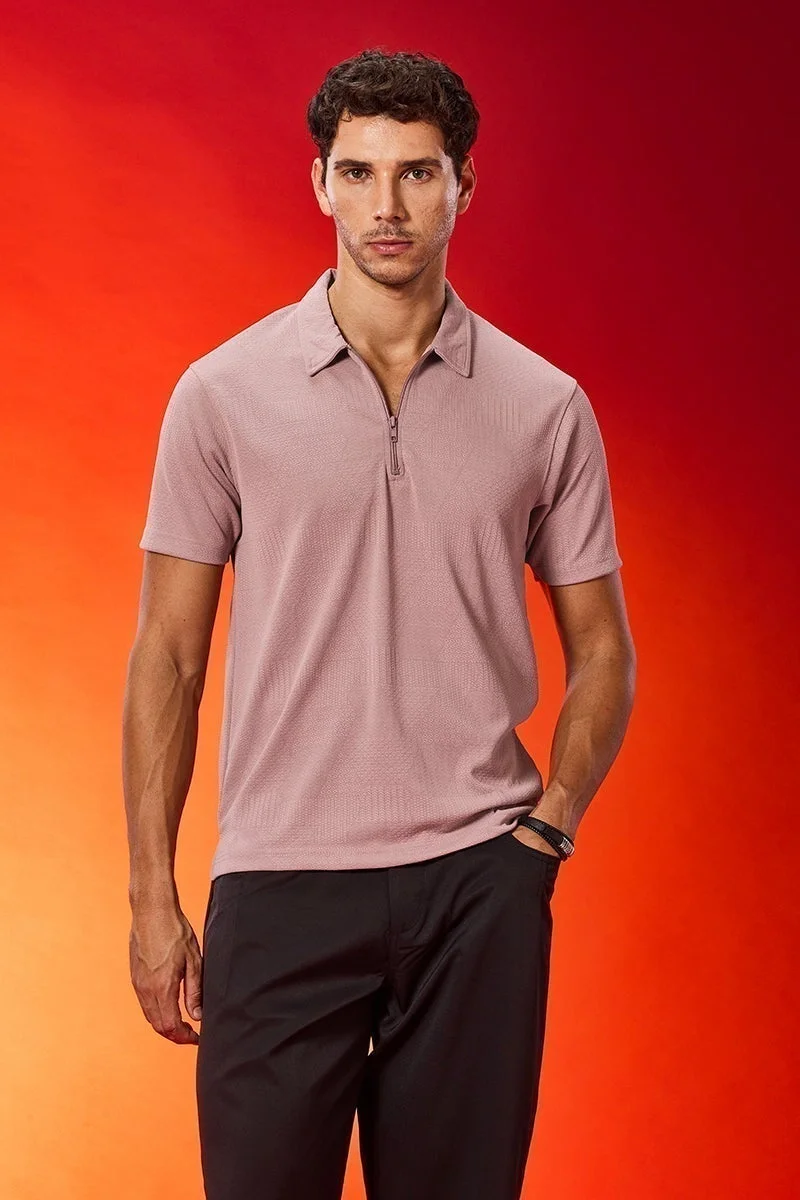 SNITCH Light Pink Zipper Textured Polo T-Shirt