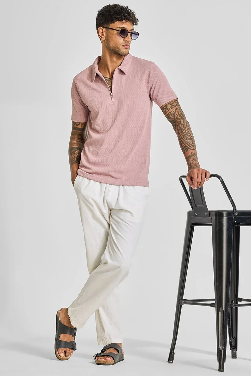 SNITCH Light Pink Zipper Textured Polo T-Shirt