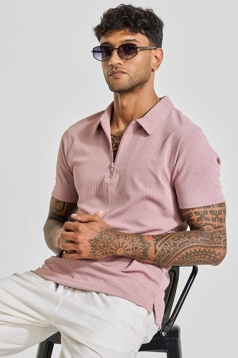 SNITCH Light Pink Zipper Textured Polo T-Shirt