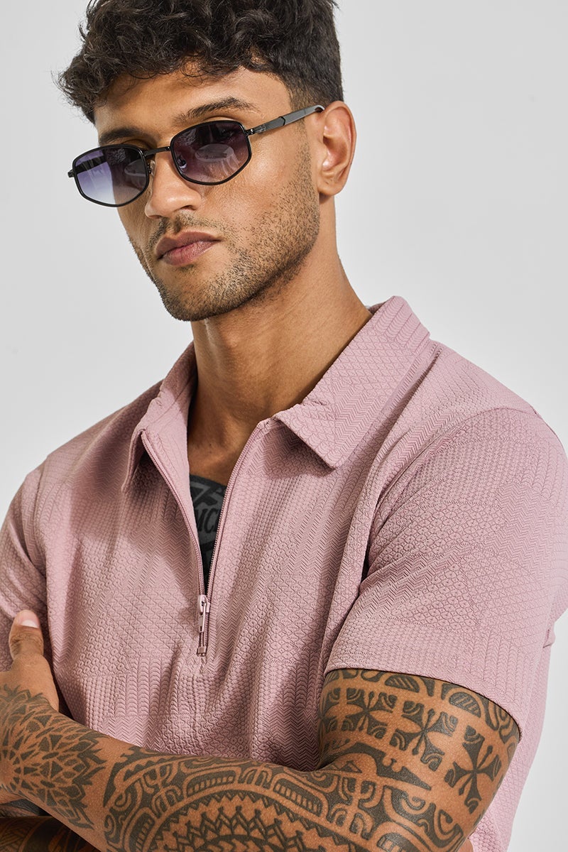 سنيتش تيشيرت بولو بسحاب بنقشة بارزة وردي فاتح - Image 4