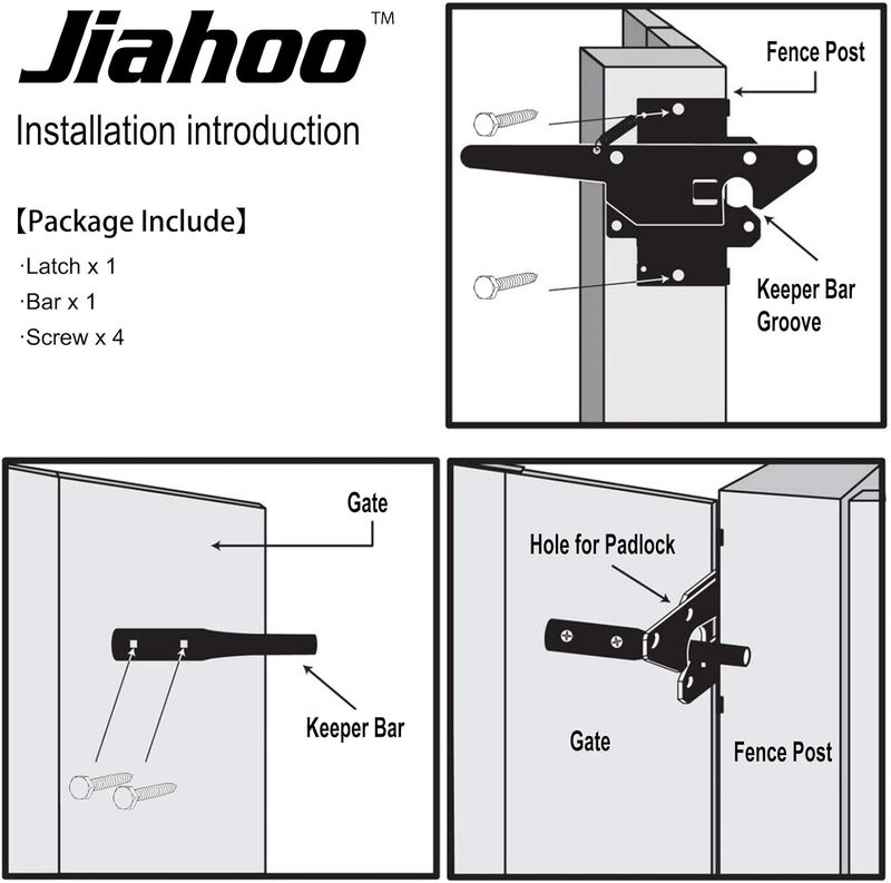 JIAHOO Post Mount Gate Latch for Wooden Fence - Heavy Duty Self Locking Gate Latch Hardware for Pool/Garden Gate Safety Latch, Automatic Fingertip Release Latches for Vinyl/Wood Fence, Black Finish - Image 4