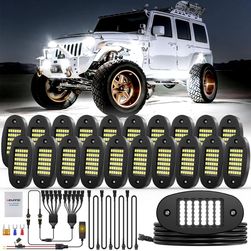 Hovano 20 Pods White Rock Light Kit with Wired Switch 6500K Pure White LED Underglow IP68 Waterproof Super Bright 36 LEDs for Trailer Off Road SUV UTV ATV RZR Car - Image 2