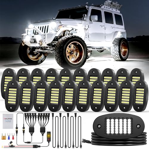 Hovano 20 Pods White Rock Light Kit with Wired Switch 6500K Pure White LED Underglow IP68 Waterproof Super Bright 36 LEDs for Trailer Off Road SUV UTV ATV RZR Car - Image 1