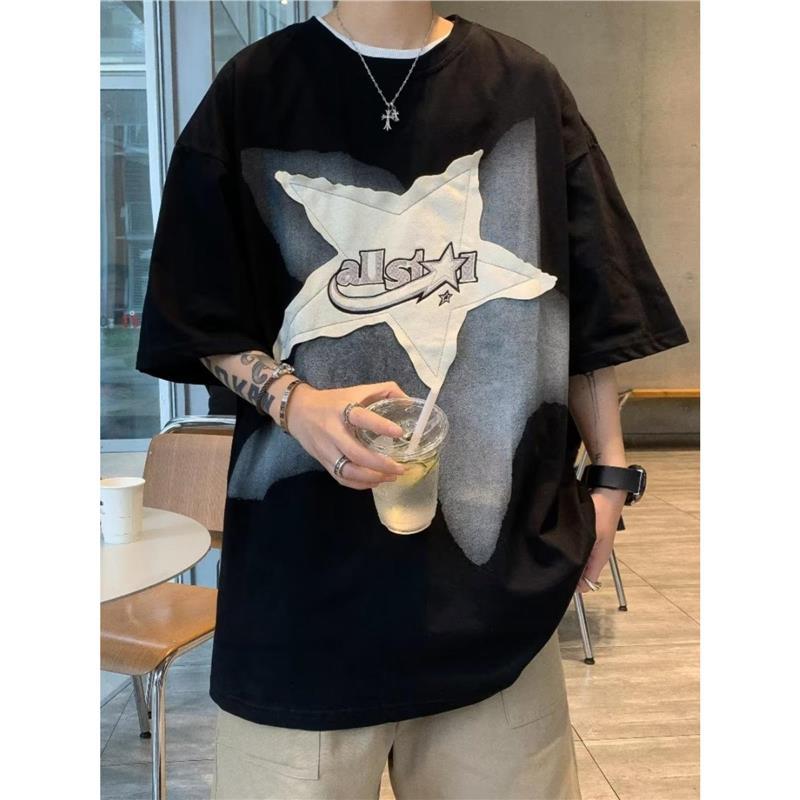 Oversize Trendy Brand Five-Pointed Star Sticker Printed T-Shirt American High Street Half-Sleeved Dark Hip-Hop Round Neck Short-Sleeved Men - Image 2