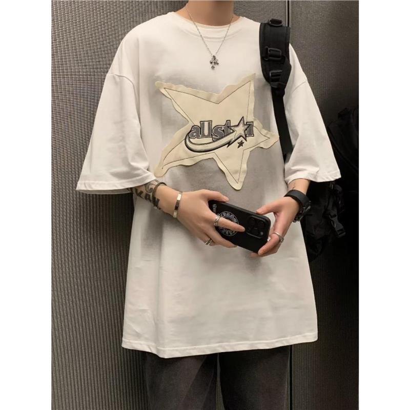 Oversize Trendy Brand Five-Pointed Star Sticker Printed T-Shirt American High Street Half-Sleeved Dark Hip-Hop Round Neck Short-Sleeved Men - Image 3