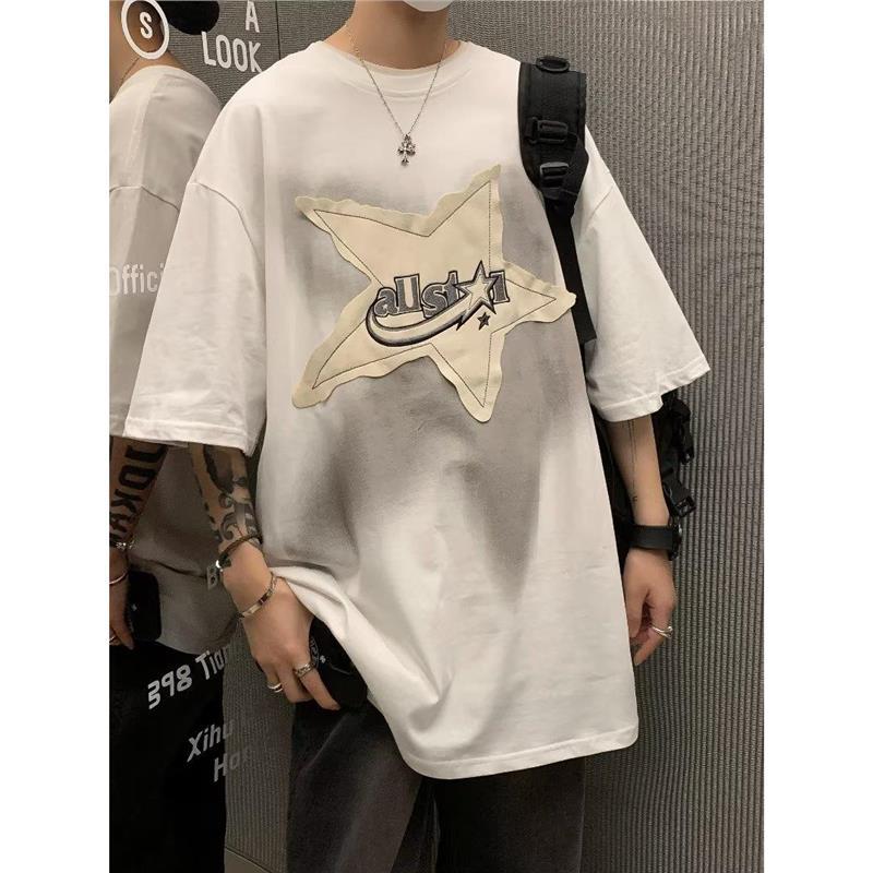 Oversize Trendy Brand Five-Pointed Star Sticker Printed T-Shirt American High Street Half-Sleeved Dark Hip-Hop Round Neck Short-Sleeved Men - Image 5