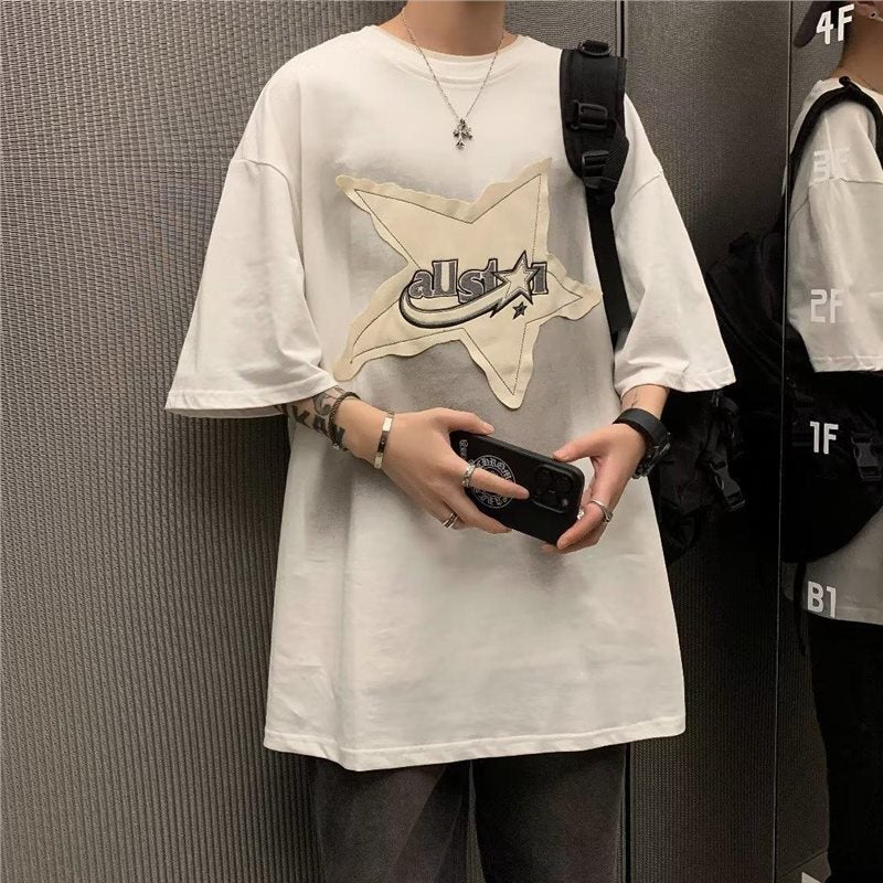 Oversize Trendy Brand Five-Pointed Star Sticker Printed T-Shirt American High Street Half-Sleeved Dark Hip-Hop Round Neck Short-Sleeved Men - Image 1