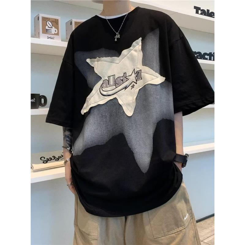 Oversize Trendy Brand Five-Pointed Star Sticker Printed T-Shirt American High Street Half-Sleeved Dark Hip-Hop Round Neck Short-Sleeved Men - Image 4