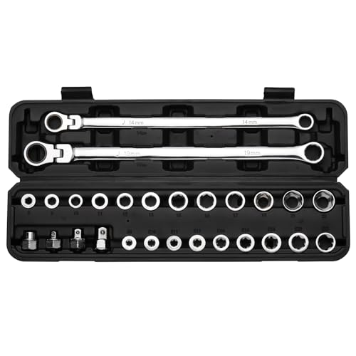 Mayouko 27PCS Extra Long Flex Head Ratcheting Wrench Set 14 19mm Wrench Double Box End Ratchet Wrench Set with Etype 822mm Replacement Heads 72 Tooth CRV Steel - Image 1