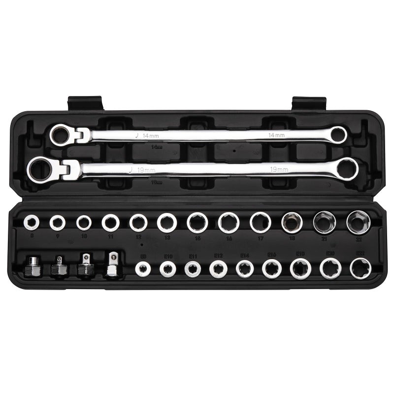 Mayouko 27PCS Extra Long Flex Head Ratcheting Wrench Set 14 19mm Wrench Double Box End Ratchet Wrench Set with Etype 822mm Replacement Heads 72 Tooth CRV Steel - Image 2
