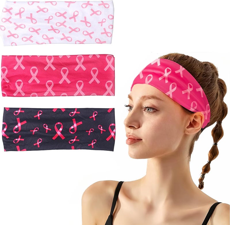 Breast Cancer Awareness Stretchy Headband for Women Girls Pink Ribbon Head Bandana NonSlip Knotted Headbands Elastic Wide Cancer Survivor Sweatband Workout Sport Yoga Running Hair Accessories 3PCS