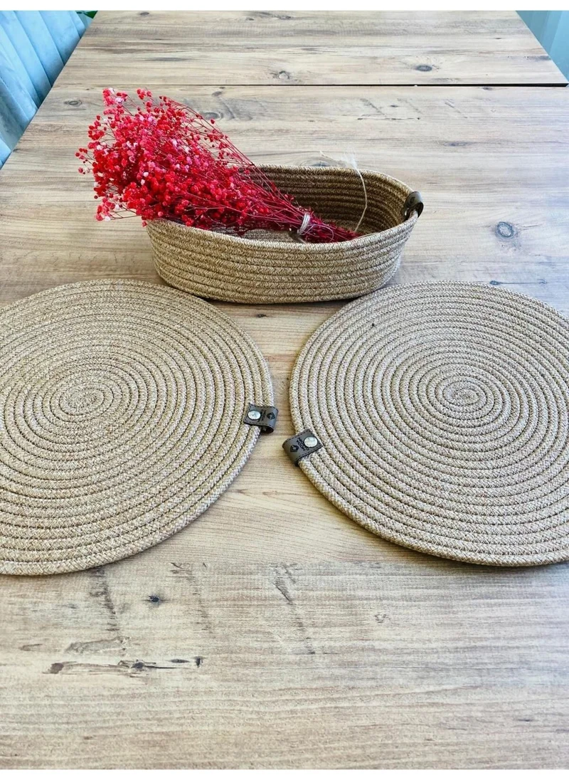 BDZ Deri BDZ Leather Jute Wicker American Service Plate and Basket 3 Pieces