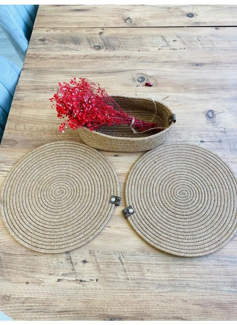 BDZ Deri BDZ Leather Jute Wicker American Service Plate and Basket 3 Pieces