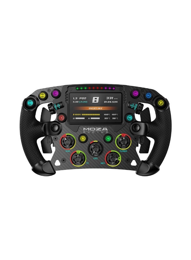 موزة عجلة قيادة موزا FSR2 فورمولا - شاشة لوحة قيادة رقمية مقاس 4.3 بوصة، وغطاء أمامي من ألياف الكربون، وأزرار RGB، ومبدلات سرعة مغناطيسية، وقابض مزدوج، وفك سريع، متوافقة مع قواعد عجلات موزا R9/R12/R16/R21 | عجلة قيادة سباقات سيم بريميوم - Image 1