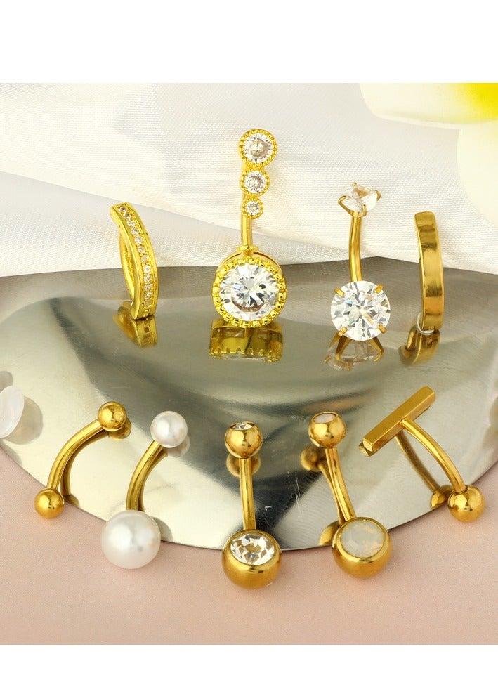 Innoshine 9 PCS golden Stainless Steel Belly Piercing Rings Set ,  women Navel Rings, fashion Rhinestone studded fashiony body piercing jewelry set,  belly Piercing Jewelry for Women and Girls ideal jewelry gifts  - Image 4