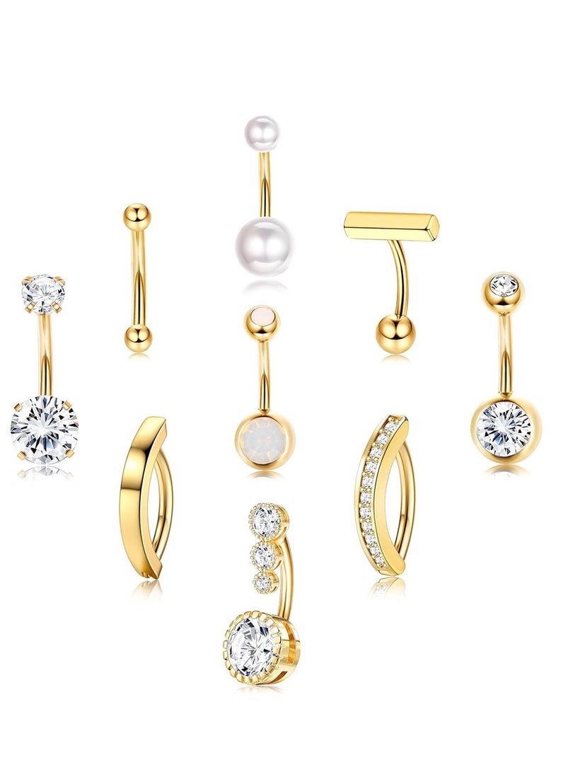 Innoshine 9 PCS golden Stainless Steel Belly Piercing Rings Set ,  women Navel Rings, fashion Rhinestone studded fashiony body piercing jewelry set,  belly Piercing Jewelry for Women and Girls ideal jewelry gifts  - Image 1