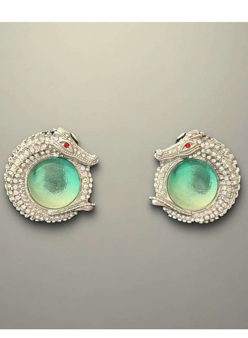PLANE TREES Crocodile Orb Stud Earrings – Emerald Green Stone with Crystal Details – Artistic Statement Jewelry for Women - Image 1