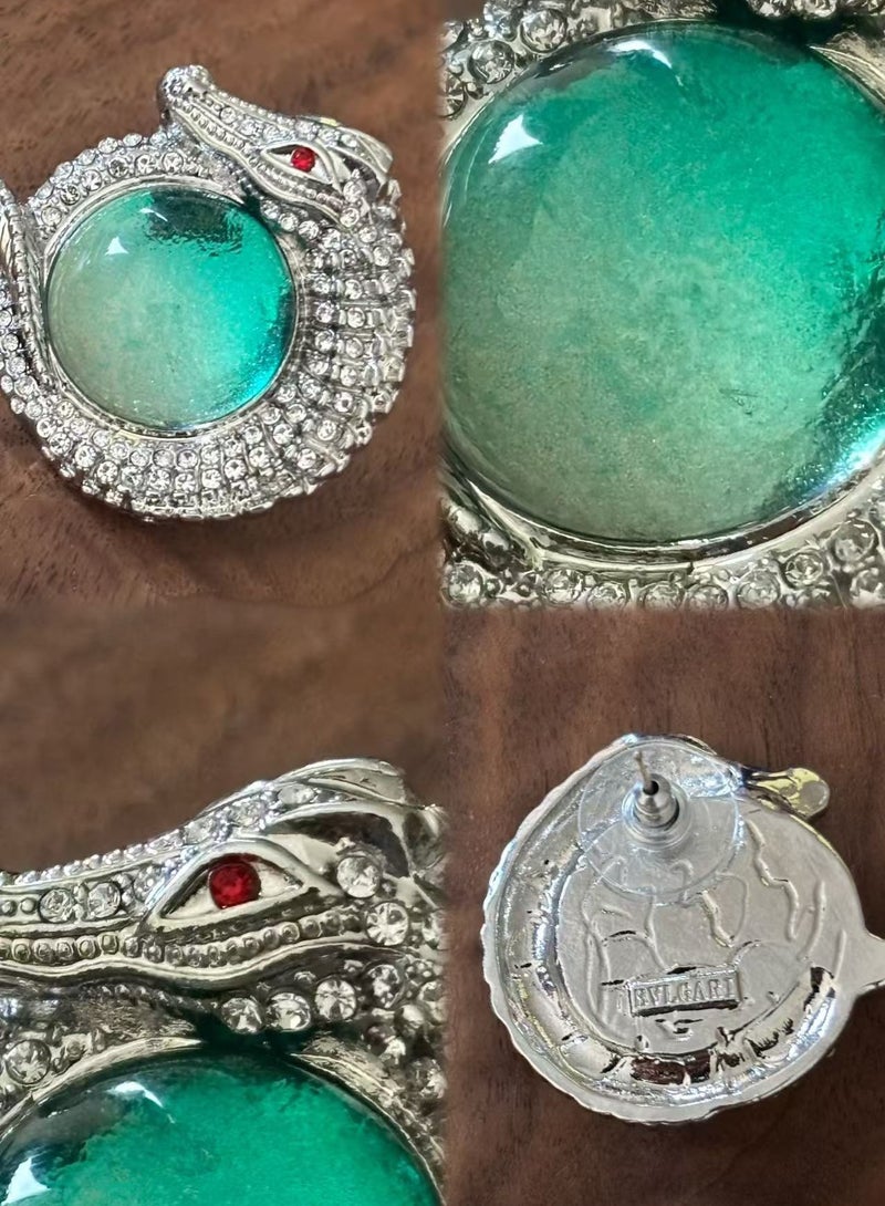 PLANE TREES Crocodile Orb Stud Earrings – Emerald Green Stone with Crystal Details – Artistic Statement Jewelry for Women - Image 2