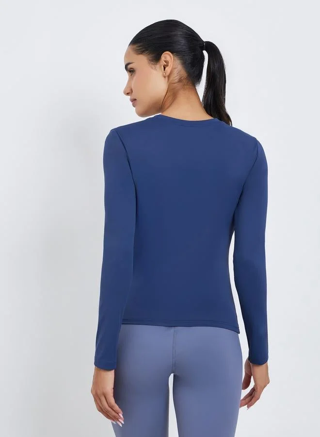 Styli Active  Navy Blue Fitted Round Neck Long Sleeve Top for Women | Best Price UAE