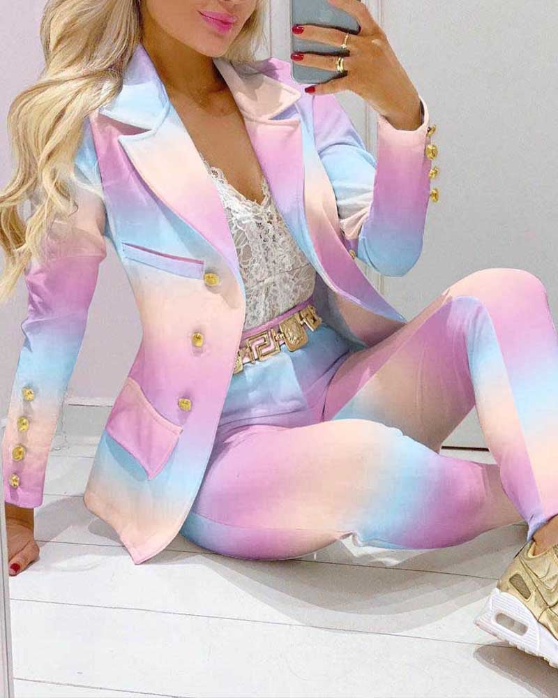 European and American Cross-border shopify European and American Style Fashion Womens Pants suit Personalized Printed Jacket Pants Two-piece Set Colorful