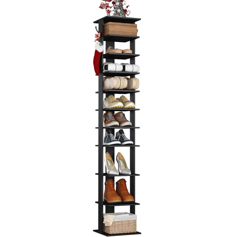 HOMEFORT 10Tier Vertical Shoe Rack Corner Shoe Tower Slim Shoe Organizer with Two Hanging Hooks Wooden Shoe Storage Stand for Entryway Hallway Closet Black