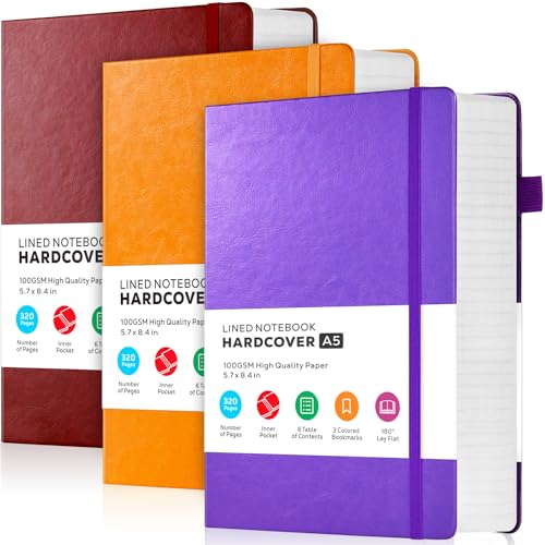 FOCUS DAY 3 Pack Lined Journal Notebooks, A5 Thick Notebook Journal Set for Work Writing, 320 Pages Hardcover Leather Bound Notebook Bulk for Women Men Office School, 5.7'' X 8.4'', Multicolor - Image 1