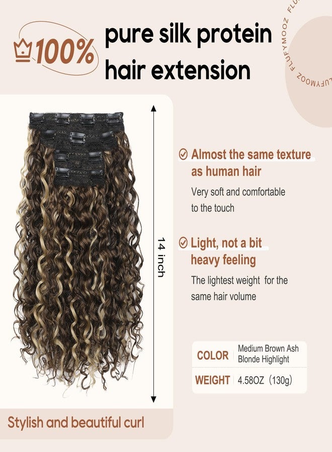 Flufymooz 4PC Clip in Hair Extensions, 14 Inch 100％ Pure Protein Silk Short Hairpiece Deep Curly Wavy Hair Extensions Clip in Natural Soft Hairpiece for Women-Medium Brown Ash Blonde Highlight - Image 3
