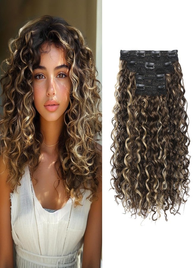 Flufymooz 4PC Clip in Hair Extensions, 14 Inch 100％ Pure Protein Silk Short Hairpiece Deep Curly Wavy Hair Extensions Clip in Natural Soft Hairpiece for Women-Medium Brown Ash Blonde Highlight - Image 1
