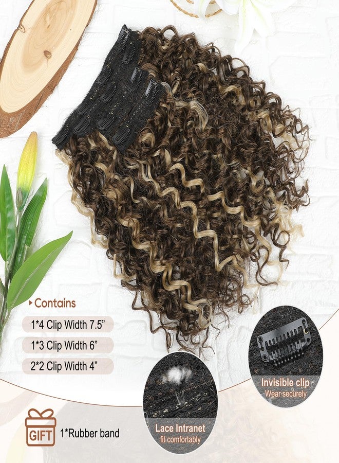 Flufymooz 4PC Clip in Hair Extensions, 14 Inch 100％ Pure Protein Silk Short Hairpiece Deep Curly Wavy Hair Extensions Clip in Natural Soft Hairpiece for Women-Medium Brown Ash Blonde Highlight - Image 4