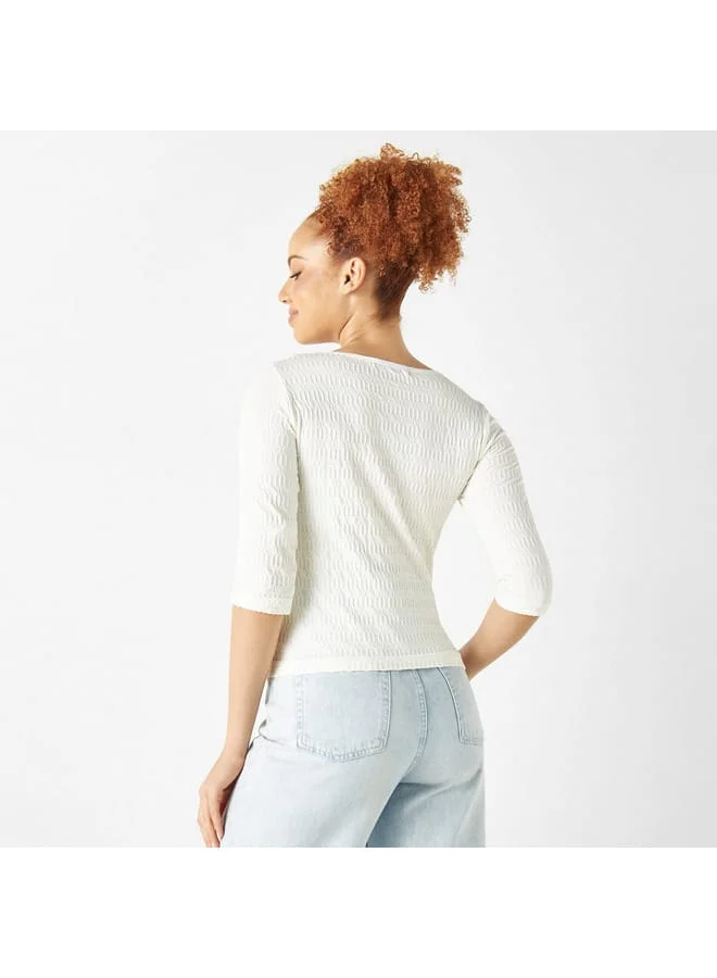2Xtremz 2Xtremz Textured Round Neck T-shirt with 3/4 Sleeves