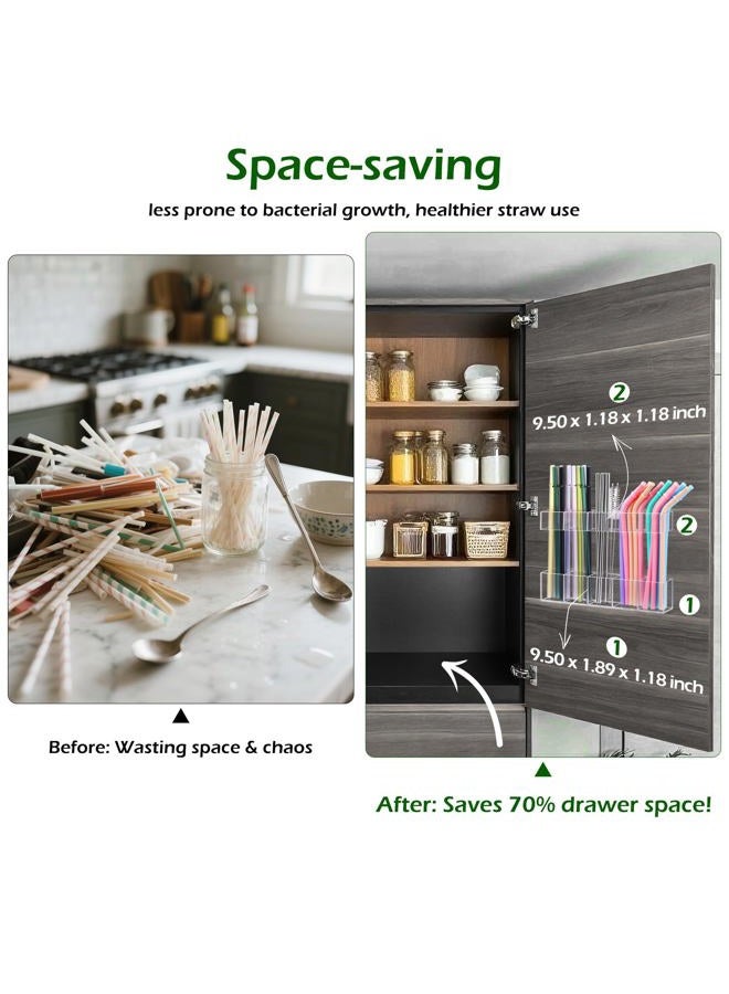 Silcpall 9.5” Large Acrylic Straw Holder for Cabinet Door - Ultra Sticky Adhesive Squares, Reusable Adjustable Organizer for Straws, Fits Kitchen Counter, Cupboard, Storage Dispenser（Transparent） (1 PACK) - Image 2