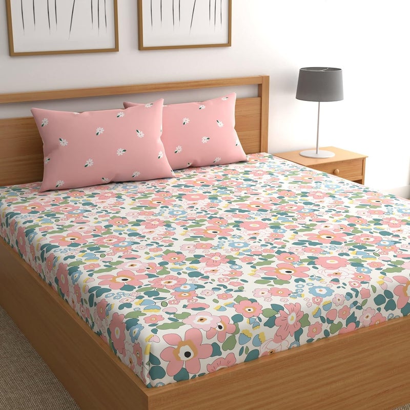 UrbanArts UrbanArts 400TC Premium Glace Cotton Double Size Bedsheet with 2 Pillow Cover 105 x 92 Inches Baby Pink 